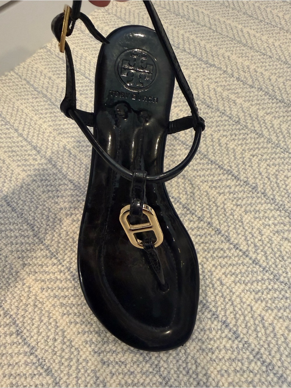 Tory Burch Black Patent Leather T-Strap Sandal with Gold Accent Hardware